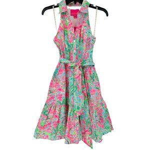 LILLY PULITZER Trisha  Stretch Shirtdress  Bali Blue Button & Tie Waist -Size 00